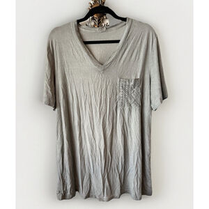 POL Sage Green V-Neck Tee with Embroidered Lace Pocket Size L